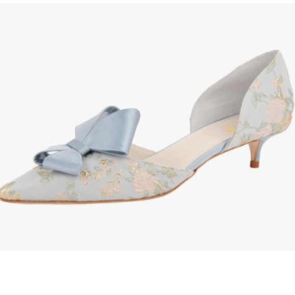 XYD Shoes - XYD Blue Flower Embroidery D'Orsay Kitten Heel Bridal Bowknot Pumps Elegant Shoe
